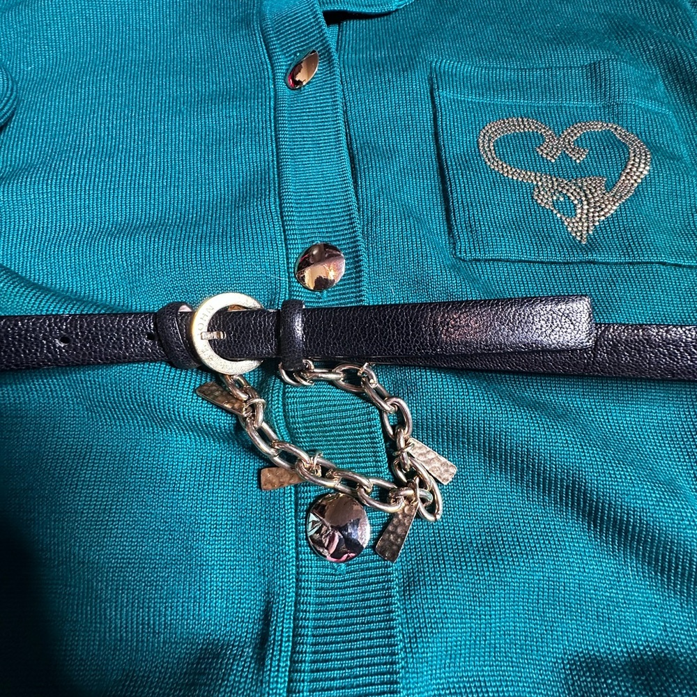 ST. JOHN Authentic Black Leather 1/2” BELT Gold Tone Chain w/Charms 38 1/2”
